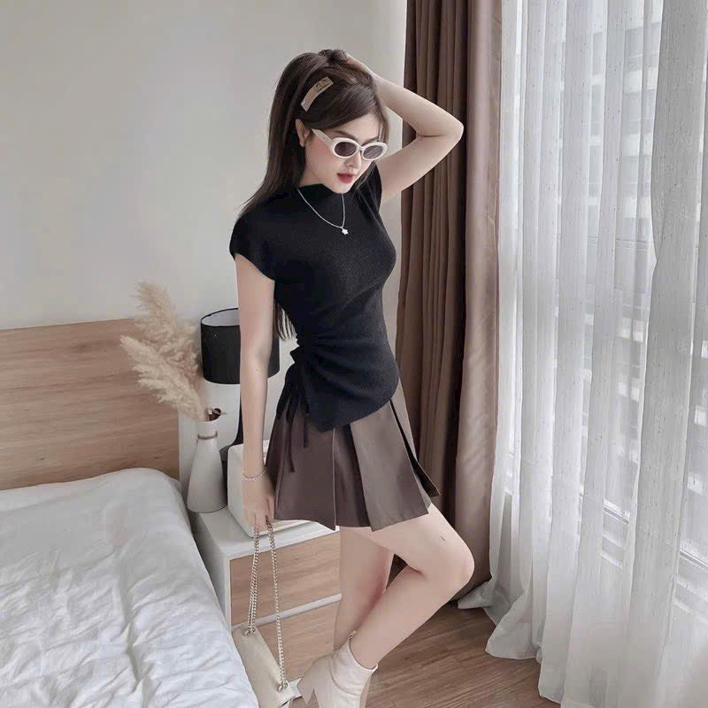 Áo crotop len tăm,Áo crotop vạt chéo , Áo Cộc Tay Vạt Chéo thun gân dày dặn phong cách hàn quốc