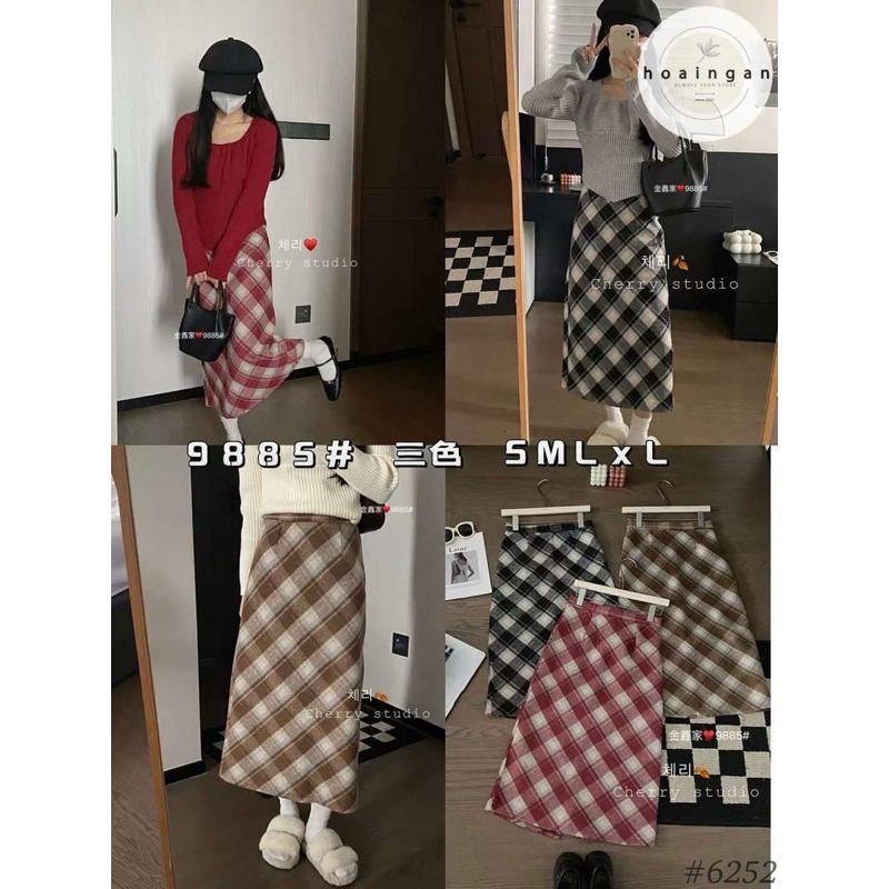 CHÂN VÁY DẠ KẺ DÁNG DÀI CẠP CAO HÀNG QCL1 MS17782