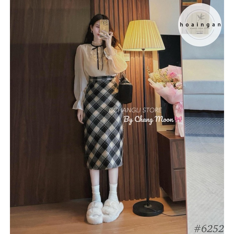 CHÂN VÁY DẠ KẺ DÁNG DÀI CẠP CAO HÀNG QCL1 MS17782