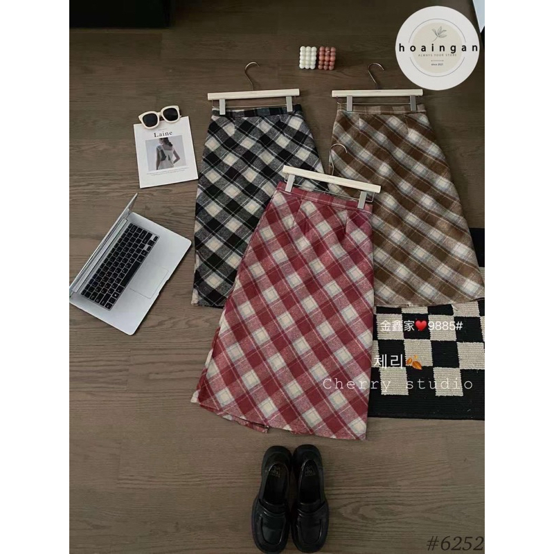 CHÂN VÁY DẠ KẺ DÁNG DÀI CẠP CAO HÀNG QCL1 MS17782