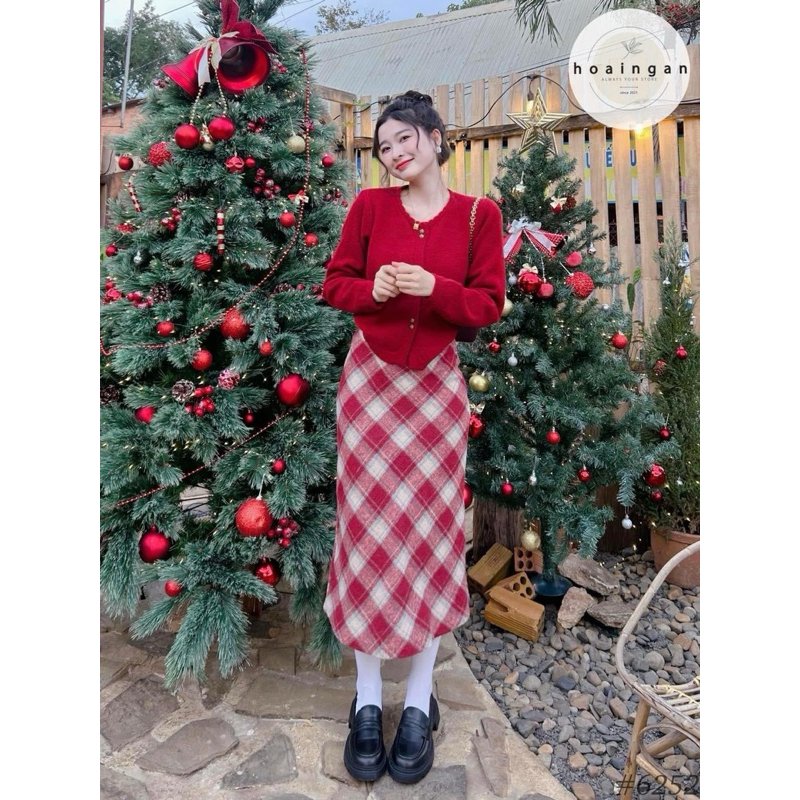 CHÂN VÁY DẠ KẺ DÁNG DÀI CẠP CAO HÀNG QCL1 MS17782