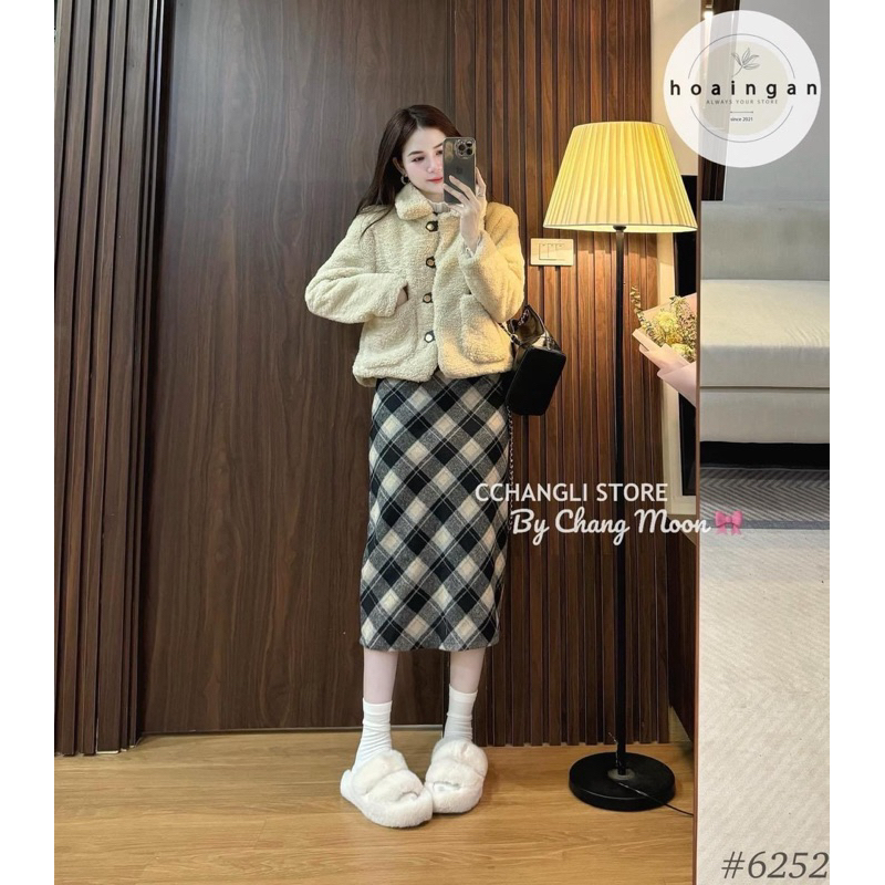 CHÂN VÁY DẠ KẺ DÁNG DÀI CẠP CAO HÀNG QCL1 MS17782