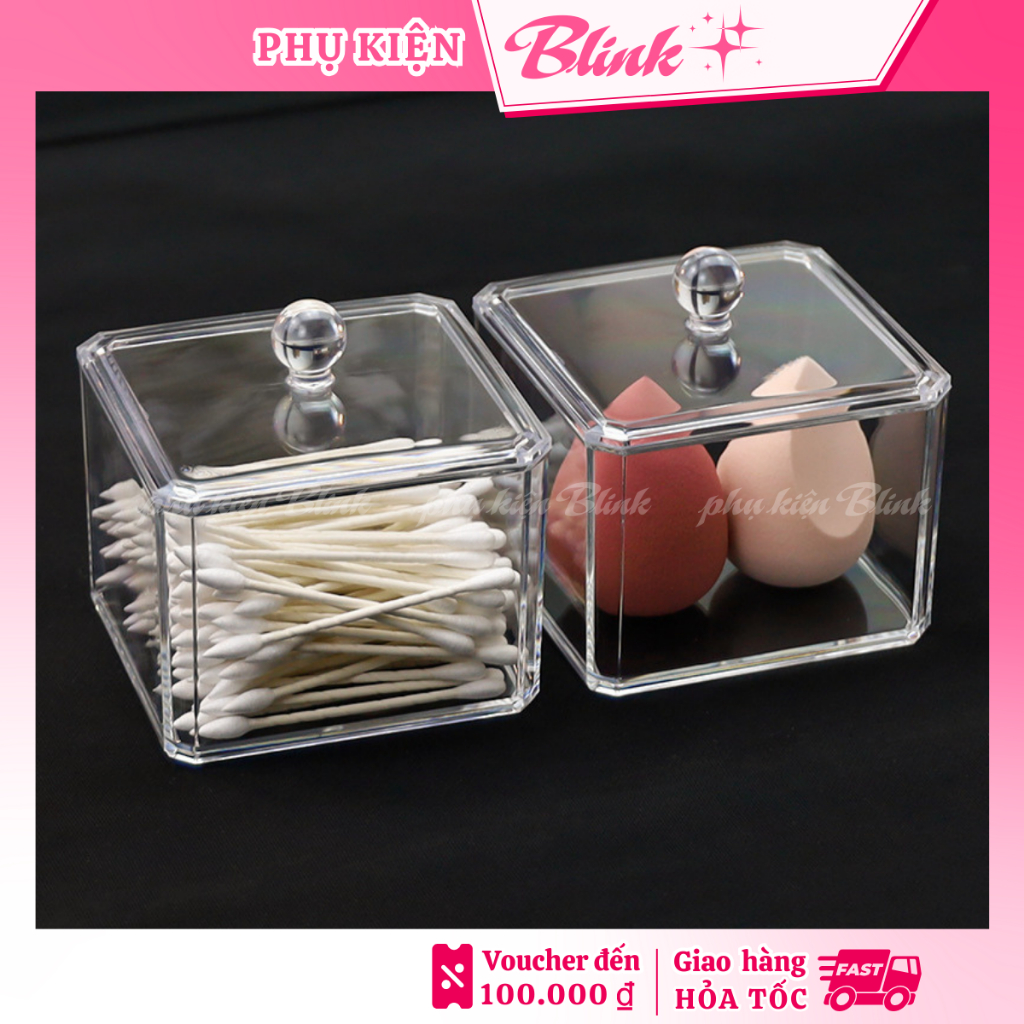 Hộp vuông đựng bông tẩy trang bông tăm có nắp chất liệu mica trong suốt tiện lợi, vệ sinh - Blink Store