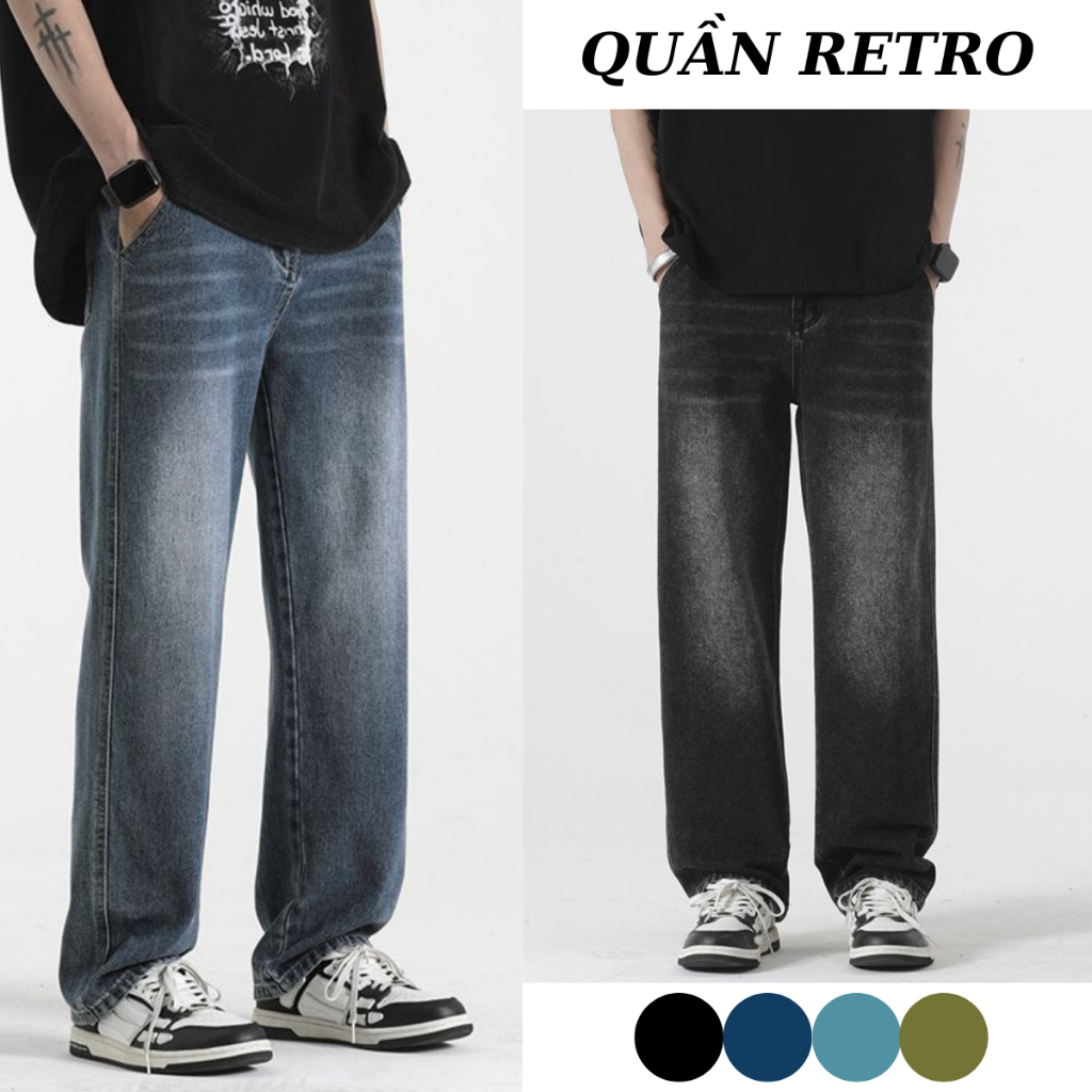 Quần jean nam RETRO dáng baggy cạp cao MIAA màu đen xanh trơn Basic ống suông rộng chất bò co giãn cao cấp 2023