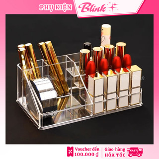 Kệ đựng mỹ phẩm đa năng 16 ô (12 ô để son) đựng đồ trang điểm makeup để bàn trong suốt mica dày dặn - Blink Store