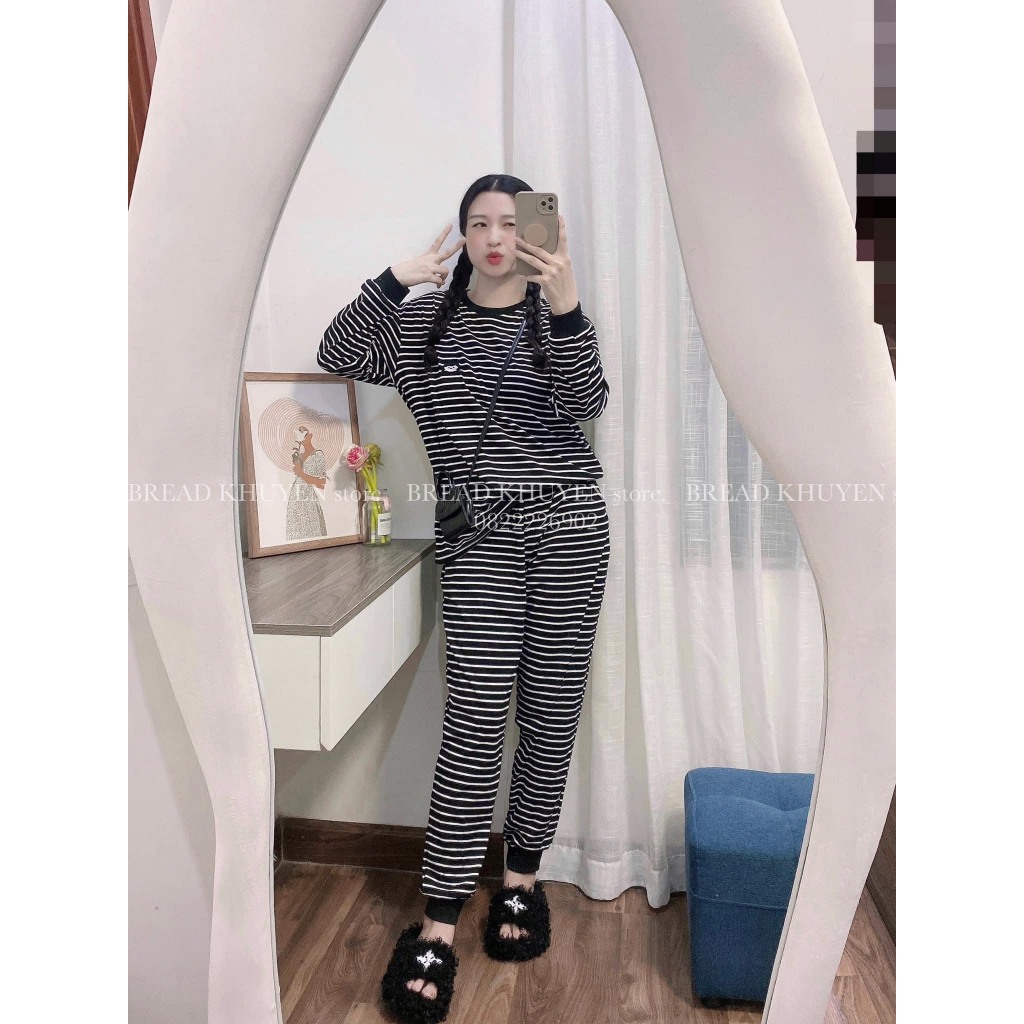 Set Bộ Đồ Nữ Áo Thun Dáng Dài Kẻ Ngang Thêu Cô Gái Mix Quần Xuông Dáng Dài Bo Gấu Freesize