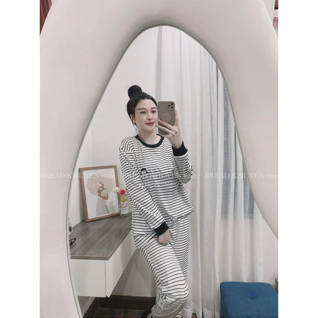 Set Bộ Đồ Nữ Áo Thun Dáng Dài Kẻ Ngang Thêu Cô Gái Mix Quần Xuông Dáng Dài Bo Gấu Freesize