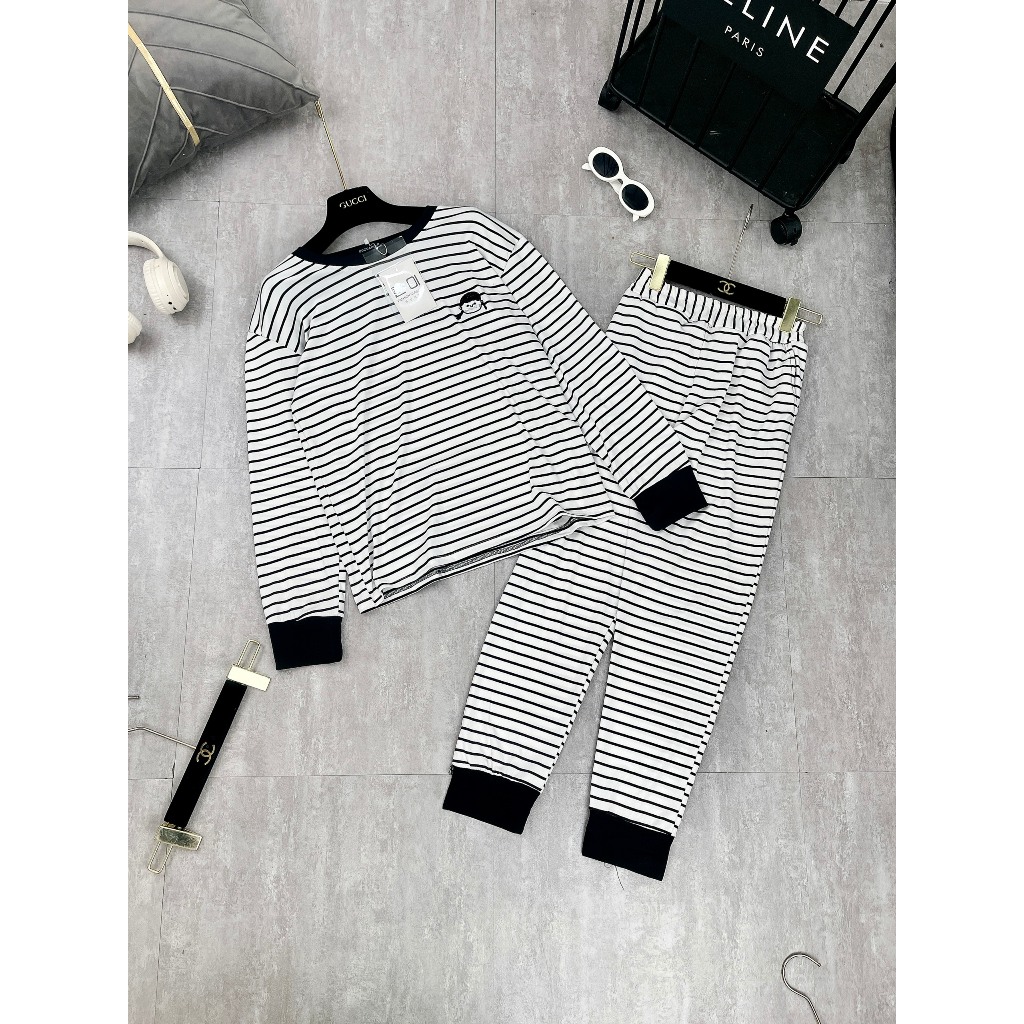 Set Bộ Đồ Nữ Áo Thun Dáng Dài Kẻ Ngang Thêu Cô Gái Mix Quần Xuông Dáng Dài Bo Gấu Freesize