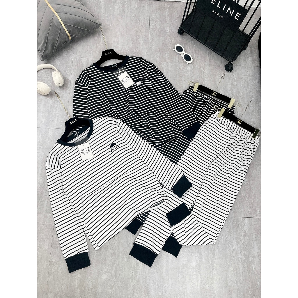 Set Bộ Đồ Nữ Áo Thun Dáng Dài Kẻ Ngang Thêu Cô Gái Mix Quần Xuông Dáng Dài Bo Gấu Freesize