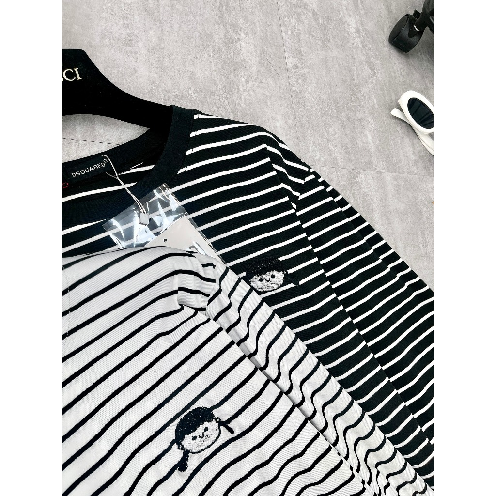 Set Bộ Đồ Nữ Áo Thun Dáng Dài Kẻ Ngang Thêu Cô Gái Mix Quần Xuông Dáng Dài Bo Gấu Freesize