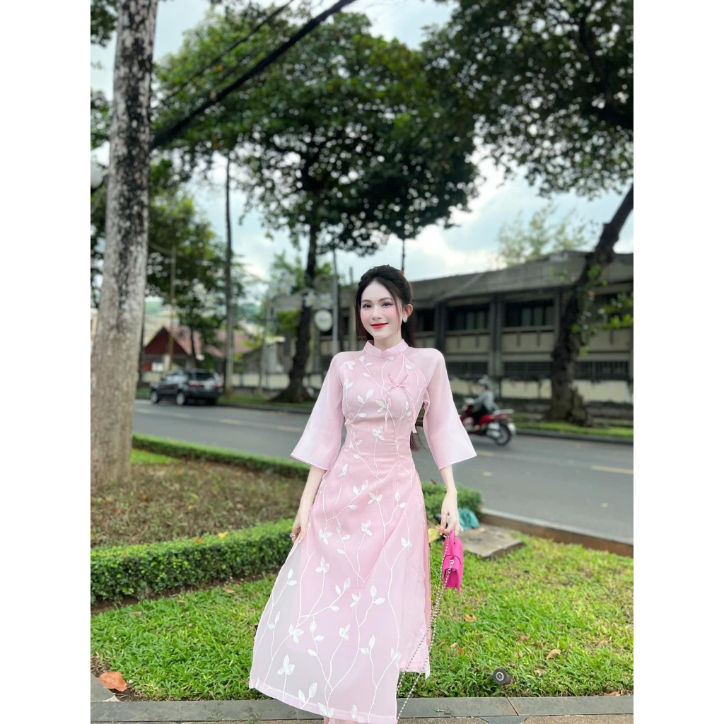 SET ÁO DÀI HỒNG ĐÍNH HOA TAY LỠ + QUẦN SUÔNG HỒNG