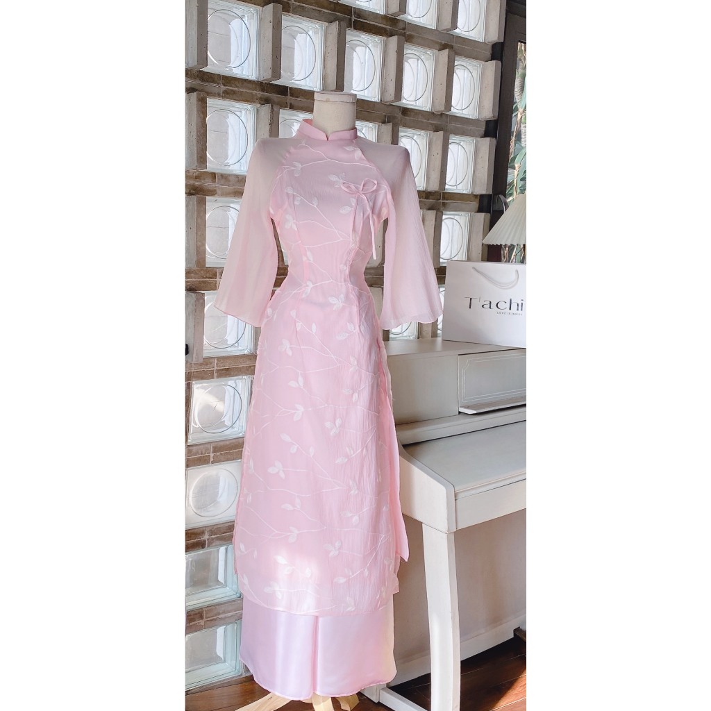 SET ÁO DÀI HỒNG ĐÍNH HOA TAY LỠ + QUẦN SUÔNG HỒNG