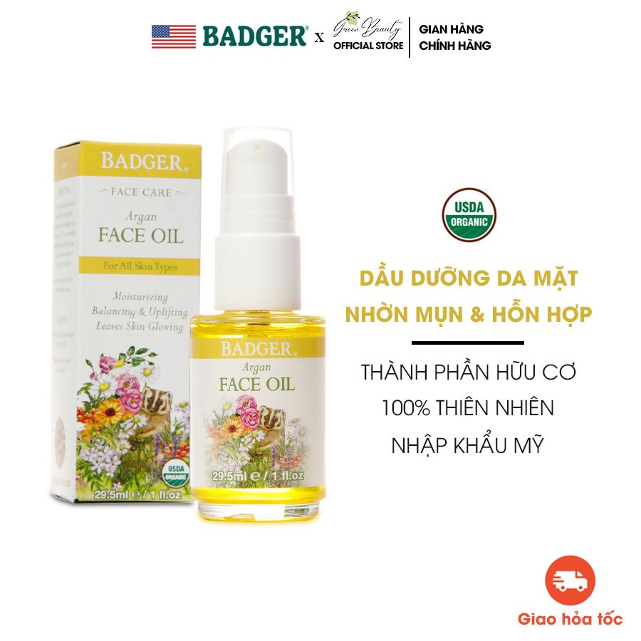 Dầu Dưỡng Hữu Cơ Chăm Sóc Da Mặt Nhờn Mụn, Hỗn Hợp Nhập Khẩu Mỹ BADGER  USDA Organic Argan Face Oil Serum 29.5ML