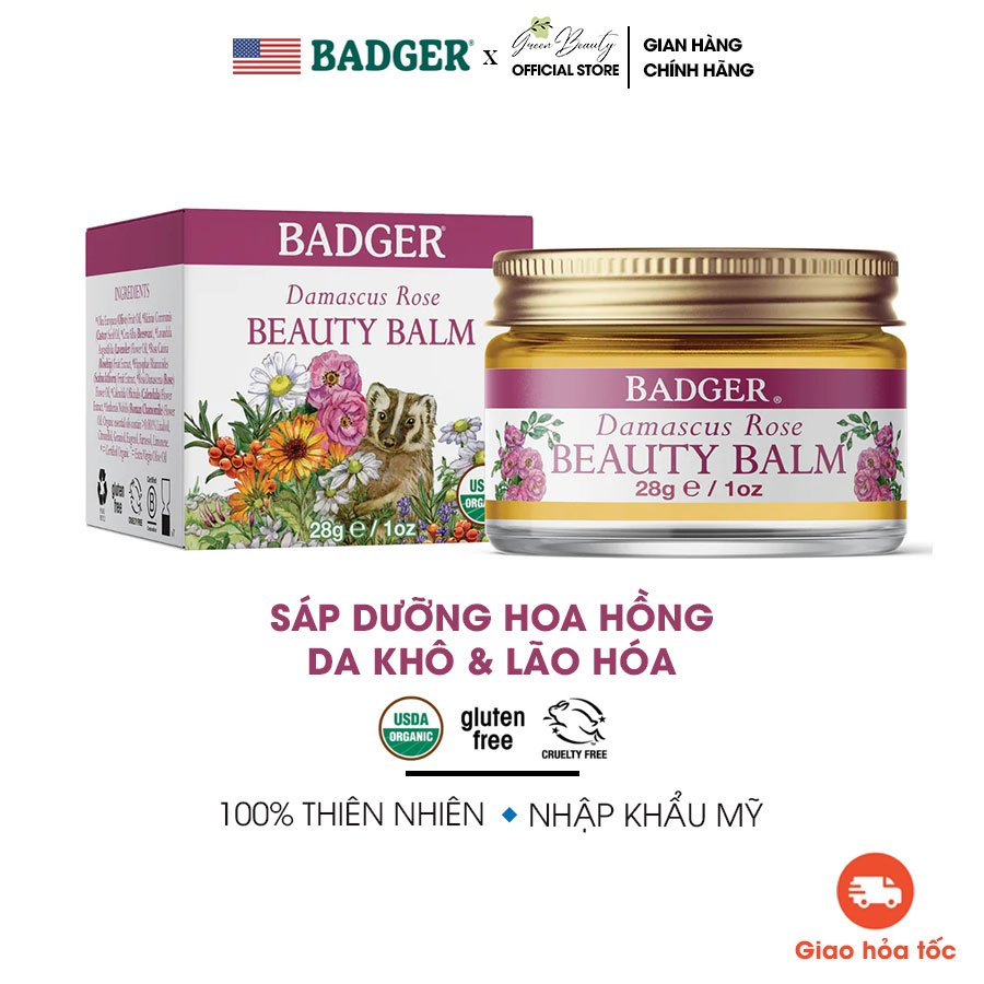 Sáp Dưỡng Hữu Cơ Hoa Hồng Dưỡng Ẩm Sâu Da Mặt Khô Lão Hóa Nhập Khẩu Mỹ BADGER Rose Beauty Balm USDA Organic 28g