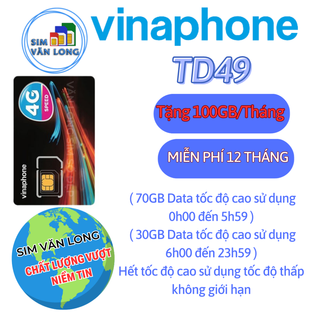 Sim Vinaphone TD49 có ngay 100GB tốc độ cao trong tháng, không giới hạn dung lượng sử dụng trong ngày miễn phí 12 tháng
