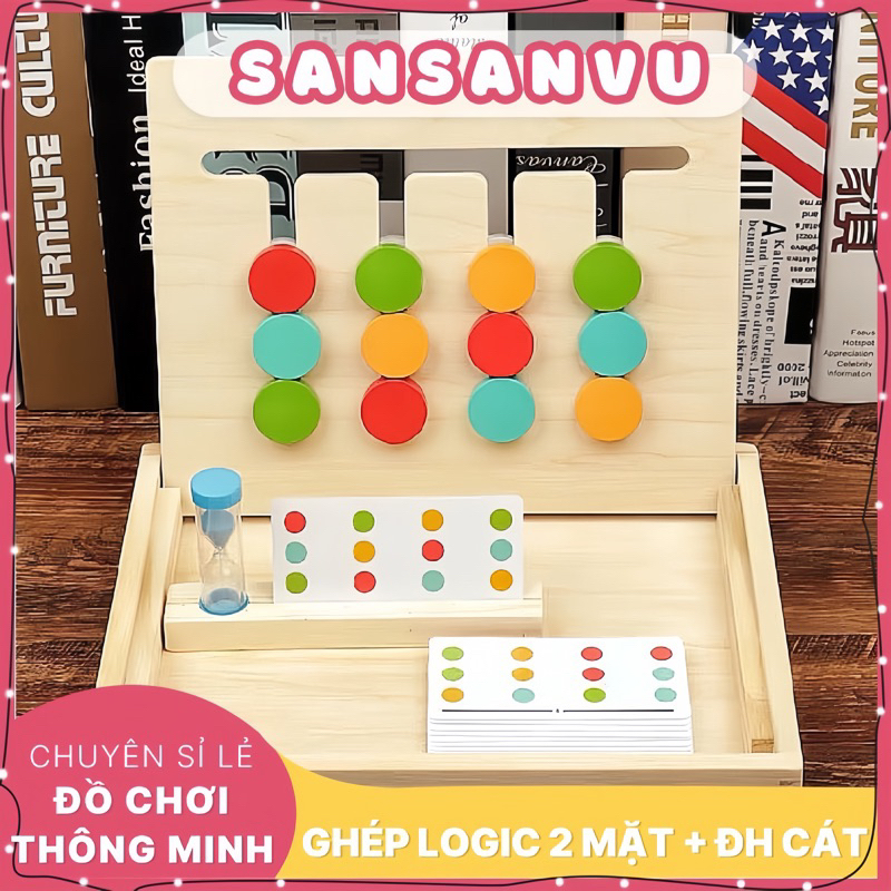 Đồ chơi giáo dục nhận thức sớm montessori-Di chuyển quân cờ màu sắc trong bảng logic 2 mặt, tư duy logic toán học 4 màu