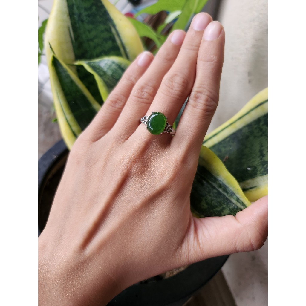Nhẫn nữ bạc s925 mặt nhẫn đính đá ngoc bích kiểu tròn