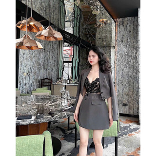Set vét vest tay dài croptop kèm chân váy chữ A chuẩn form mẫu mặc kèm ảnh thật