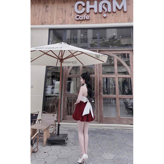 ĐẦM MIDI ĐỎ CỔ VUÔNG VIỀN HẠT NƠ LƯNG ❤️