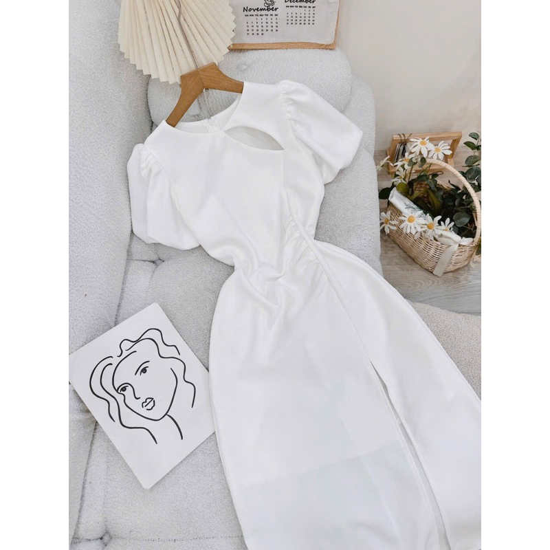 Đầm tay ngắn phối bồng xẻ đùi