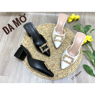 Giày sục nữ 7cm da bóng da mờ đính khóa xoàn mũi nhọn êm chân TT Shoes933 son7cmx