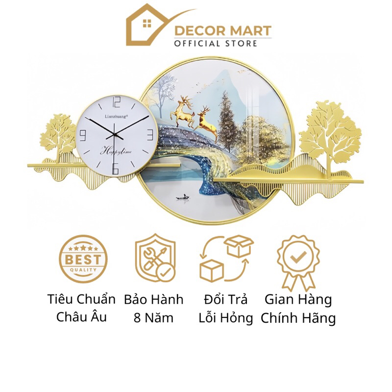 Đồng Hồ Treo Tường Trang Trí Phong Cách Bắc Âu Kết Hợp Tranh Tráng Gương Nghệ Thuật Kim Trôi Cao Cấp