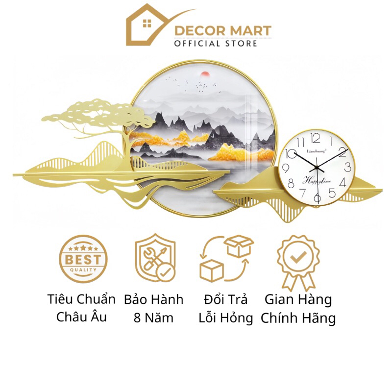 Đồng Hồ Treo Tường Trang Trí Phong Cách Bắc Âu Kết Hợp Tranh Tráng Gương Nghệ Thuật Kim Trôi Cao Cấp