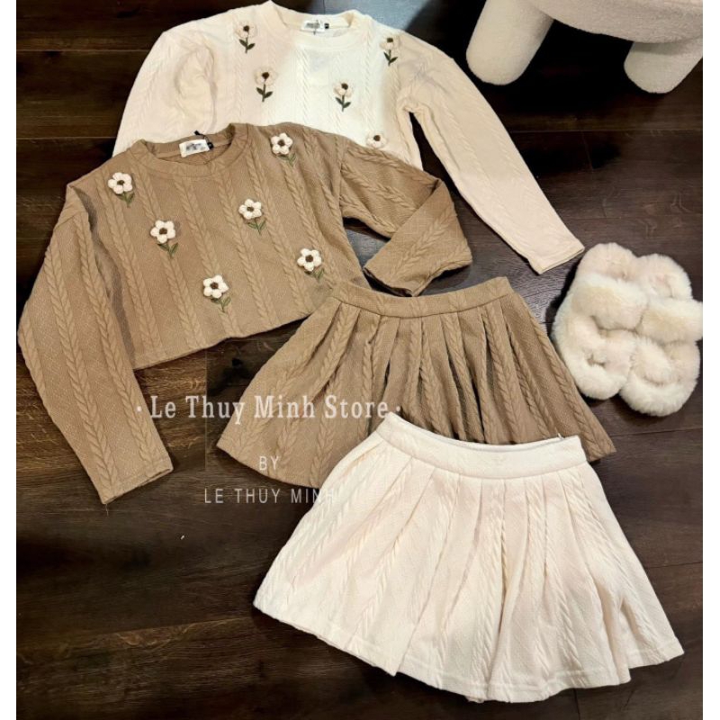 SET LEN THỪNG THÊU HOA CHÂN VÁY XẾP LY