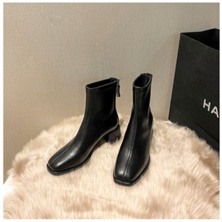 Giày bốt nữ cổ cao đế vuông 5cm lót lông, boot cao gót nữ 5p khóa sau da lỳ mềm cao cấp ôm chân, Lisa M18