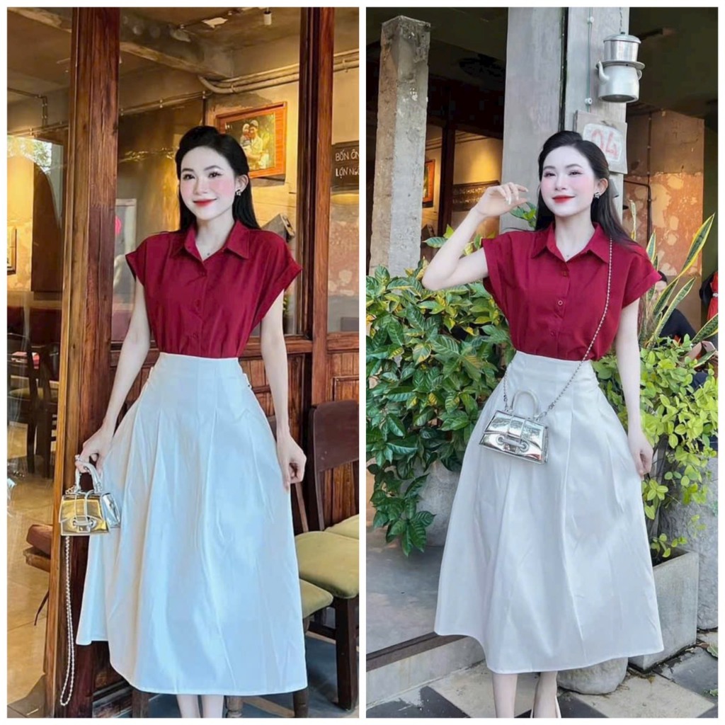 Sét áo sơ mi đỏ cổ V mix chân váy dài xòe thanh lịch duyên dáng