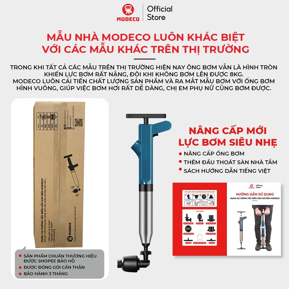 Súng Thông Bồn Cầu, Chậu Rửa Bát, Bồn Tắm - Mẫu Mới 2023 Modeco - Khí Nén AGT Cực Mạnh 8kg - Thép Không Gỉ, Nhựa Abs