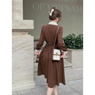 Đầm Xòe Cổ Sơ Mi Rút Eo Phối Màu