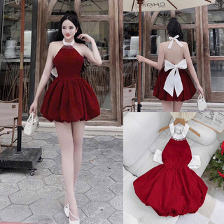 ĐẦM MIDI ĐỎ CỔ VUÔNG VIỀN HẠT NƠ LƯNG ❤️