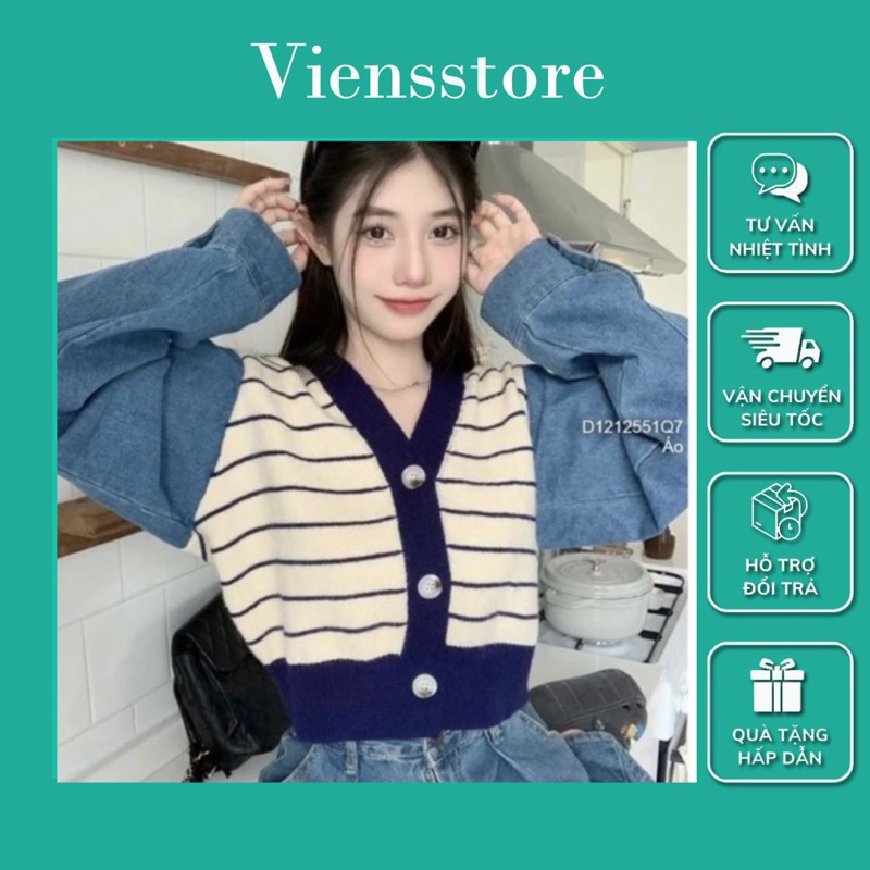 Áo len nữ sọc croptop tay dài phối jeans kiểu dáng thời trang VIENS STORE
