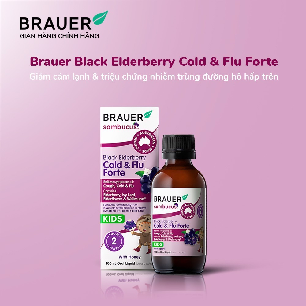 Siro giảm các triệu chứng cảm cúm, cảm lạnh Brauer Black Elederberry cold and flu forte (100ML) quatangme.com.vn