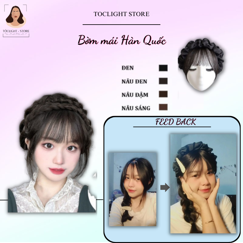 Bờm tóc mái giả tết liền có mai kiểu không lộ, bờm xương cá tóc mái, băng đô tóc mái tết bím mái giả
