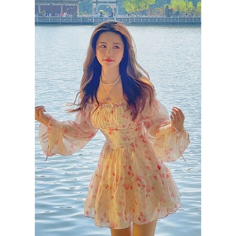 Đầm Hoa Nhí Trễ Vai Dự Tiệc Cao Cấp