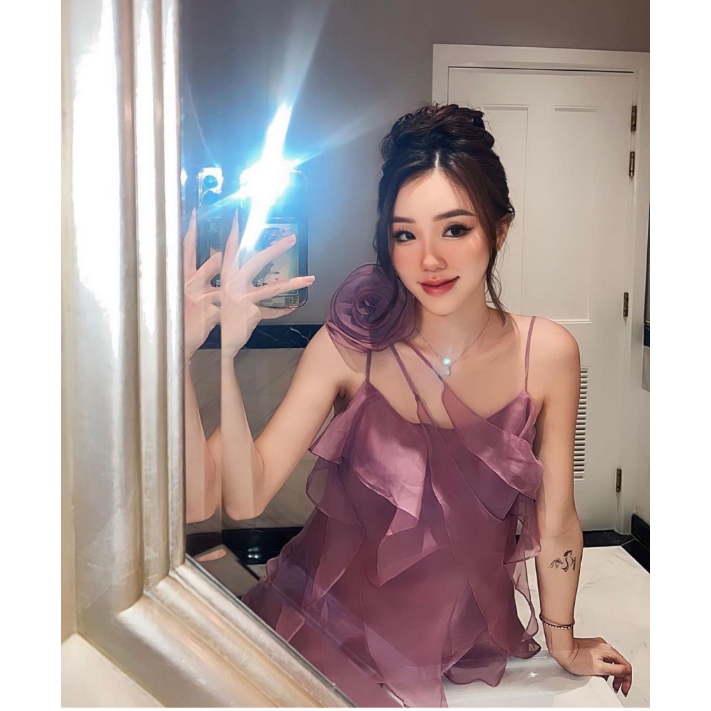 Set Bộ Tím Hottrend 2023, Bộ Áo Dây Mix Chân Váy Quần Kèm Hoa Cài Sang Trọng TH91