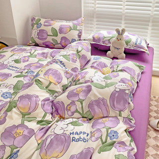 Bộ chăn ga gối Cotton Poly Lidaco bông hoa tím