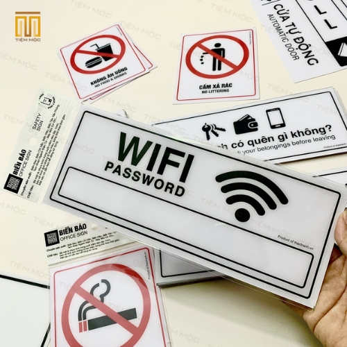 Biển báo ghi PASS WIFI cho quán coffee, Quán Ăn - Decal Dán Tường, Dán Kính - Tem Decal Cảnh Báo - Sticker Trang Trí