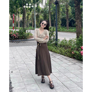 Đầm hai dây dáng dài phối áo khoác tay dài dây rút ngực