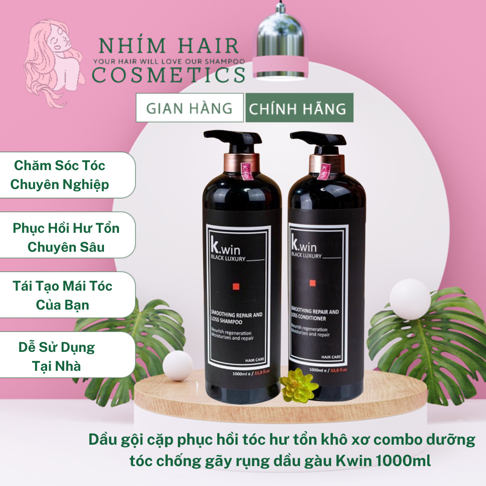 Dầu gội cặp phục hồi tóc hư tổn khô xơ Kwin lux smoothing repair and loss 1000ml combo dưỡng tóc, chống gãy rụng dầu gàu