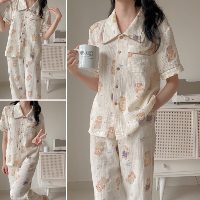 Bộ dài Pjzama mặc nhà Nersin tay ngắn chất liệu xô muslin cao cấp