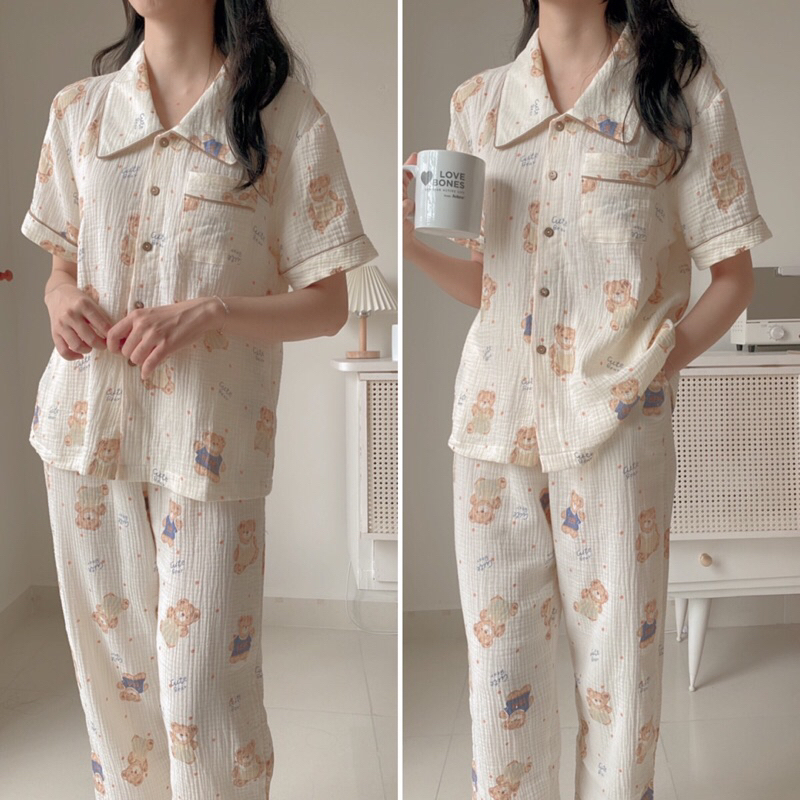 Bộ dài Pjzama mặc nhà Nersin tay ngắn chất liệu xô muslin cao cấp
