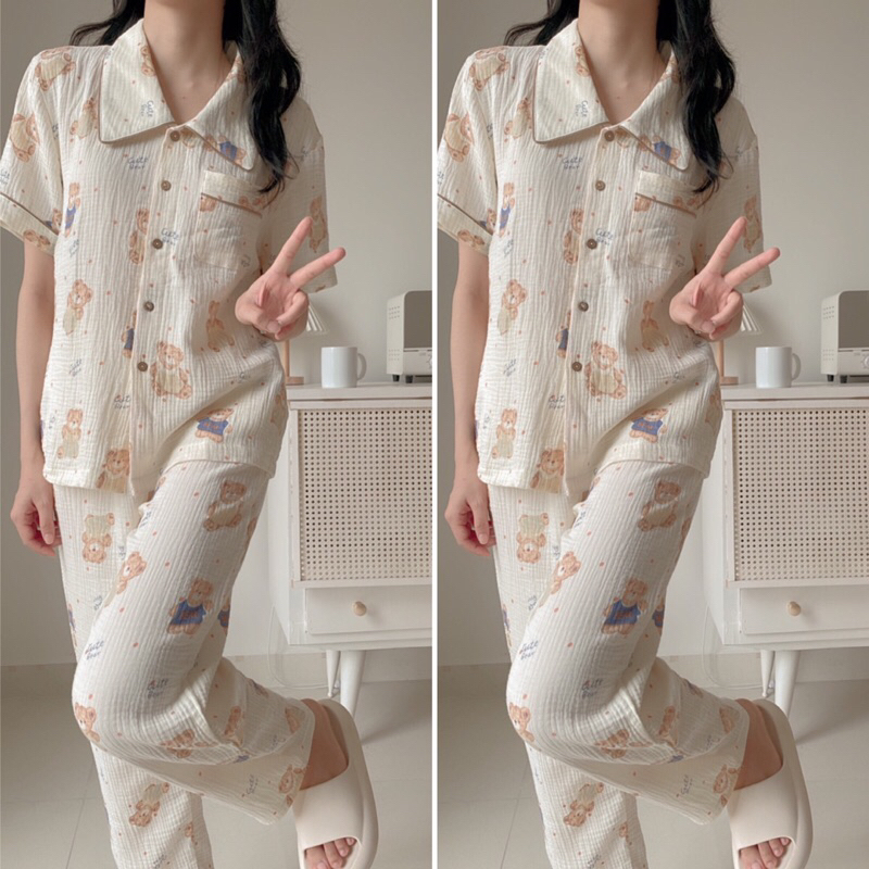 Bộ dài Pjzama mặc nhà Nersin tay ngắn chất liệu xô muslin cao cấp