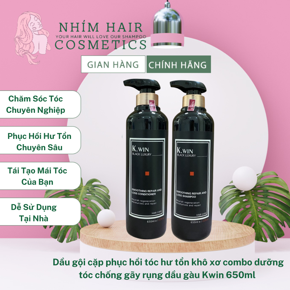 Dầu gội cặp phục hồi tóc hư tổn khô xơ Kwin lux smoothing repair and loss 650ml combo dưỡng tóc, chống gãy rụng dầu gàu