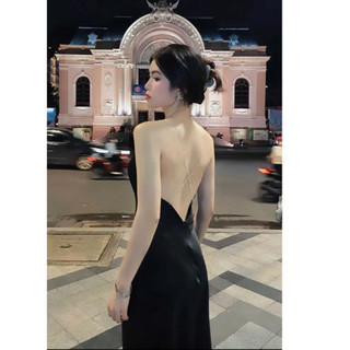 [sẵn đen S,M,L] Đầm Phi Lụa Satin Dây Đá Dáng Dài Cực Đẹp - BABICHE