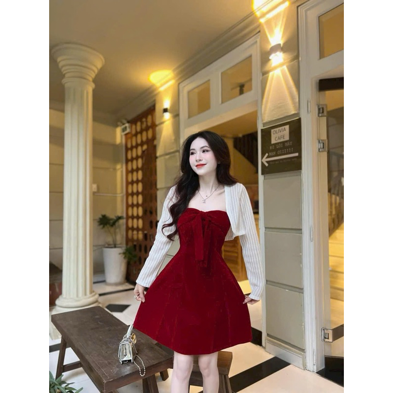 Đầm váy mặc Tết thời trang nữ chất NHUNG cứng cúp ngực cột nơ váy xoè kèm áo khoác len ren y mẫu tay dài
