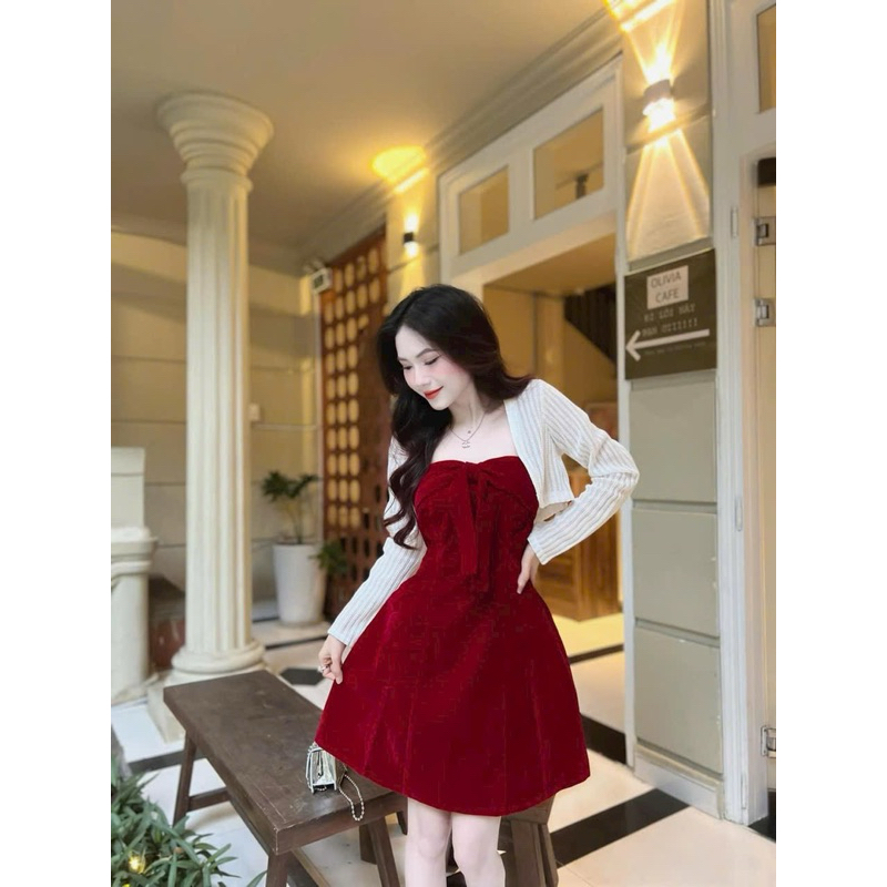 Đầm váy mặc Tết thời trang nữ chất NHUNG cứng cúp ngực cột nơ váy xoè kèm áo khoác len ren y mẫu tay dài