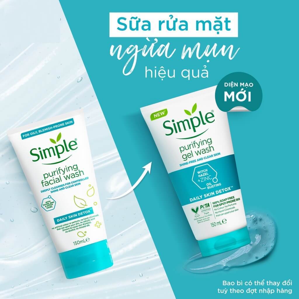 Sữa Rửa Mặt SIMPLE Kind To Skin Facial Wash Dạng Gel Làm Sạch Da, Dưỡng Ẩm và Kiềm Dầu 150ml